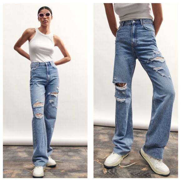 Zara Denim - ZARA The 90's Full Length Jeans Size 8 Distressed High Rise Straight Leg